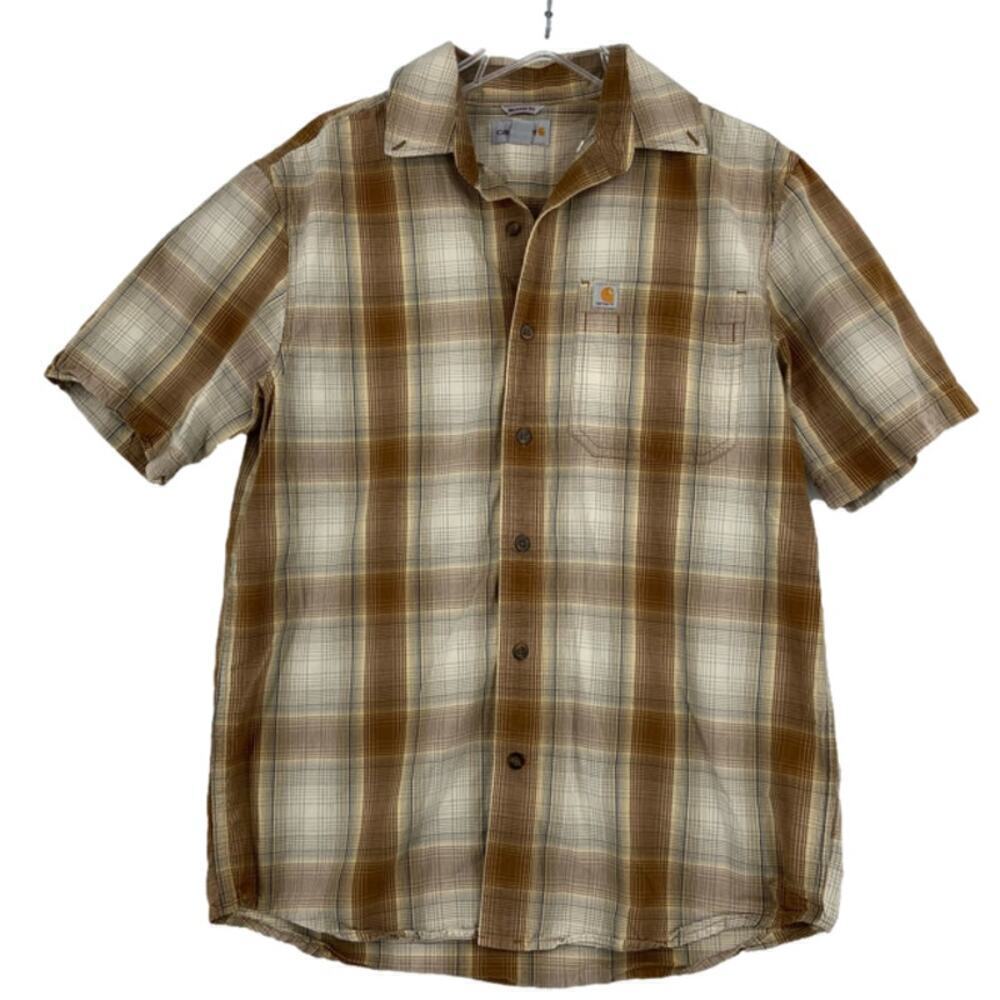 Carhartt Button Up Shirt Mens Size M Brown Plaid Button Up Short Sleeve Cotton